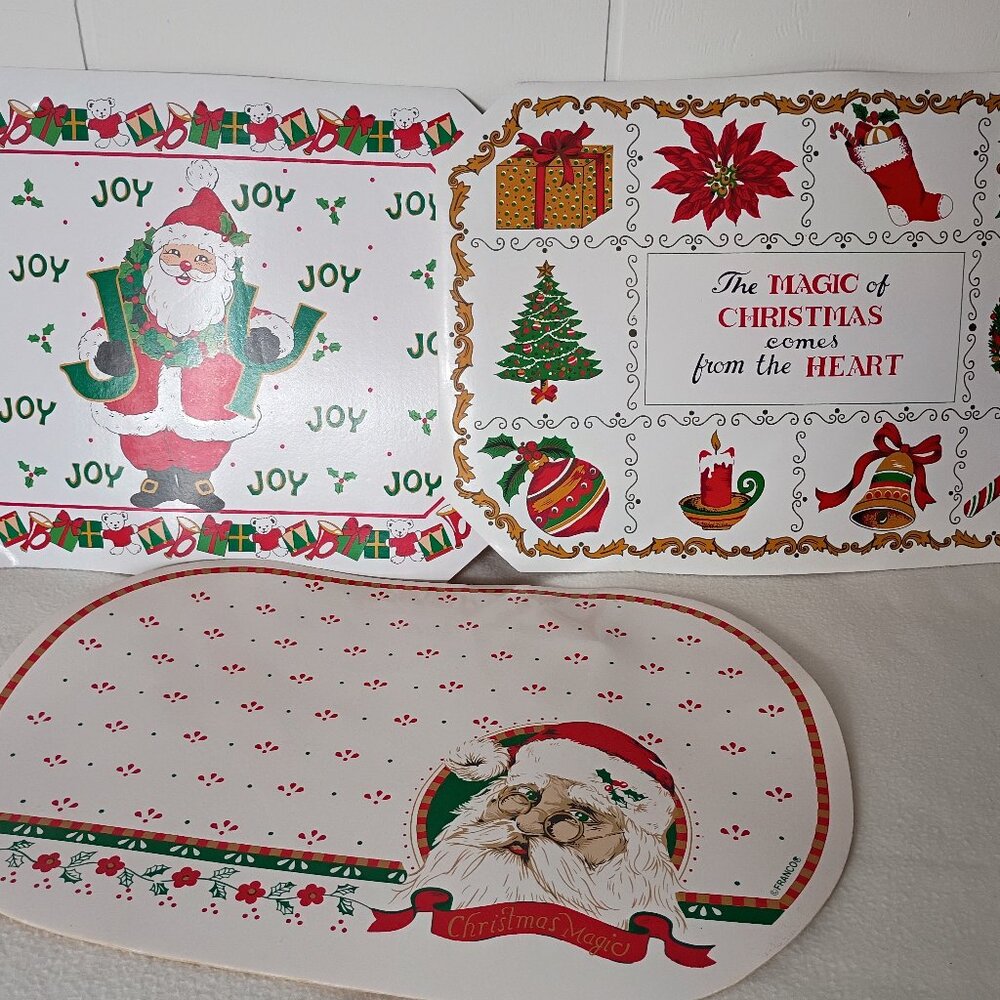 Vintage Christmas Placemats Vinyl PVC Santa Claus Joy Magic of Christmas Heart